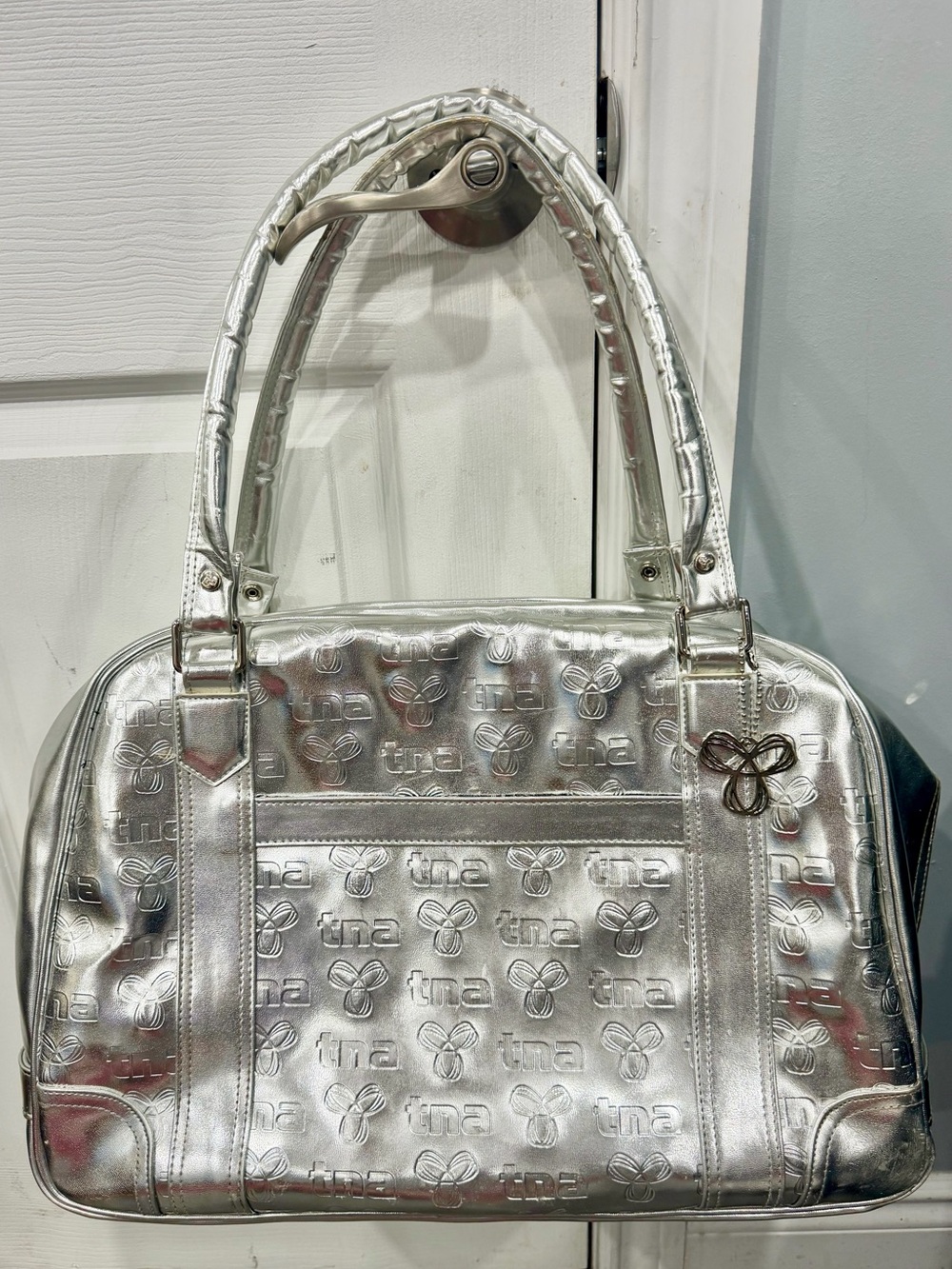 Rare TNA Aritzia Metallic Silver Embossed Logo Tote Vintage Weekender Duffel Bag